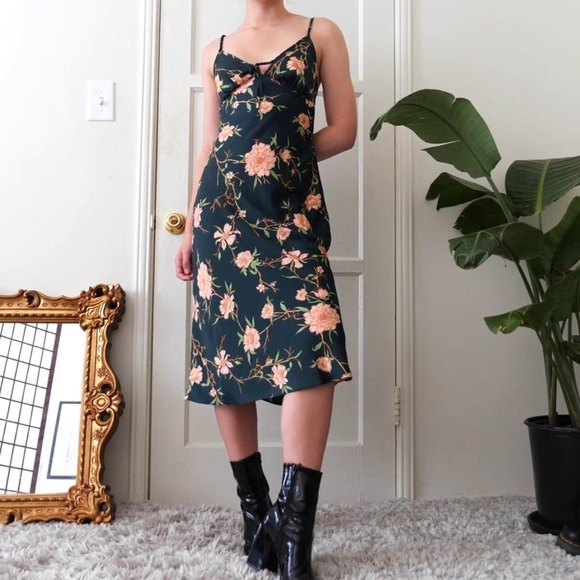 Urban Outfitters Dresses & Skirts - Urban Outfitters Dark Green Midi Slip Dress with Peach Floral Print